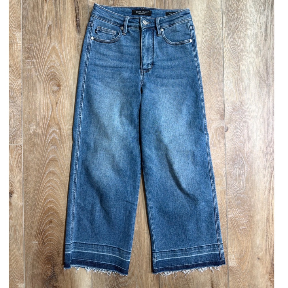 Judy Blue Wide Leg Crop Jeans Raw Hem High Rise Womens Size 26 Cropped Stretch
